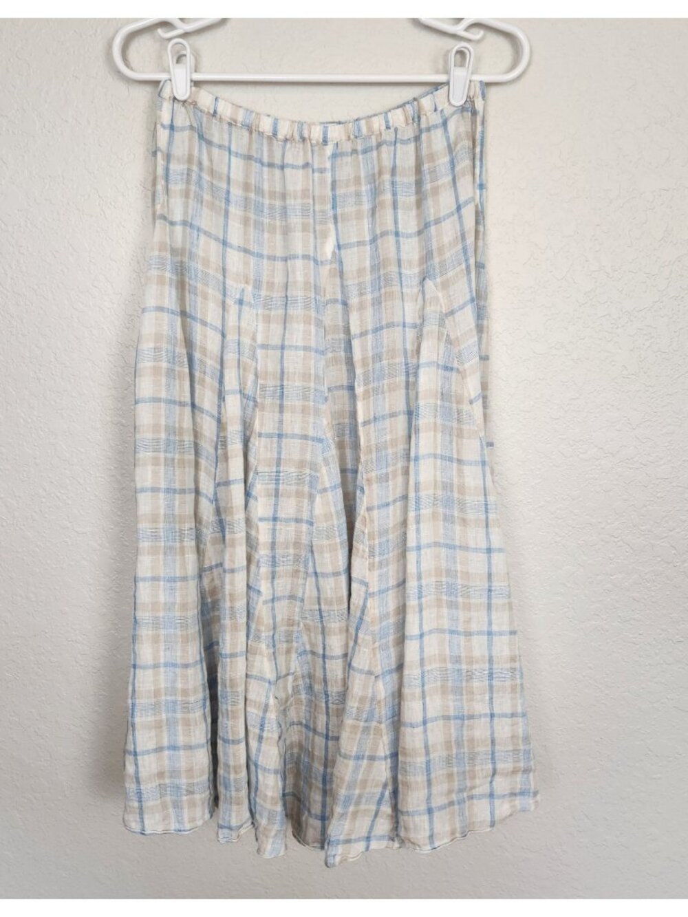 CP Shades 100% Linen Pull On Elastic Waist Flowy Maxi Skirt Small Blue White Tan